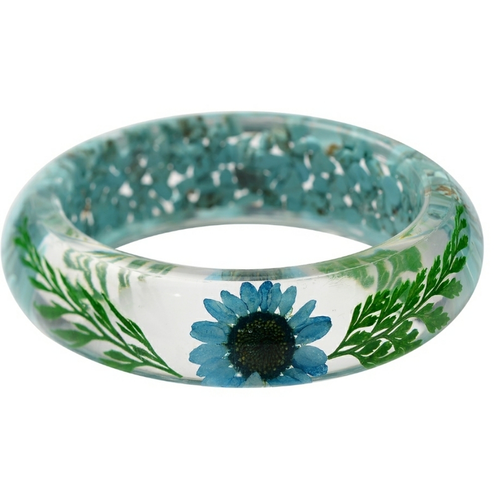 NWOT Blue Howlite, Dried Pressed Flower Bangle Bracelet
